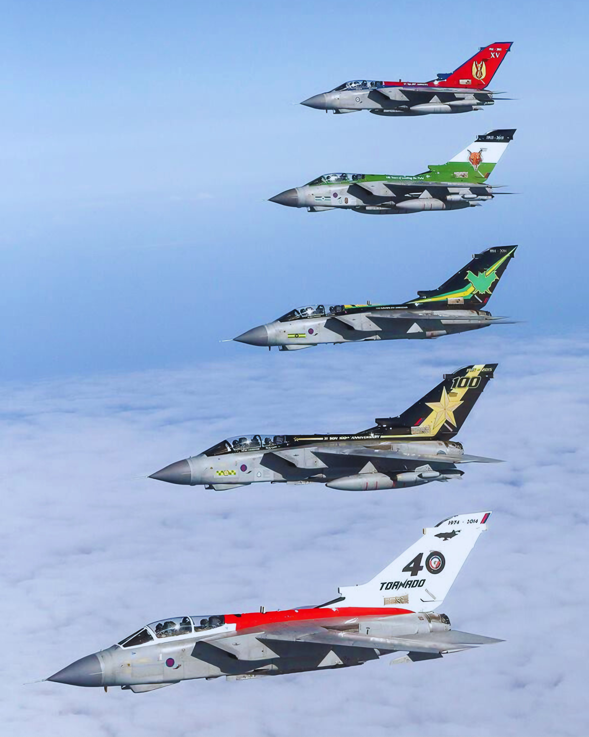 RAF Panavia Tornado Squadron in a beautiful formation above the clouds